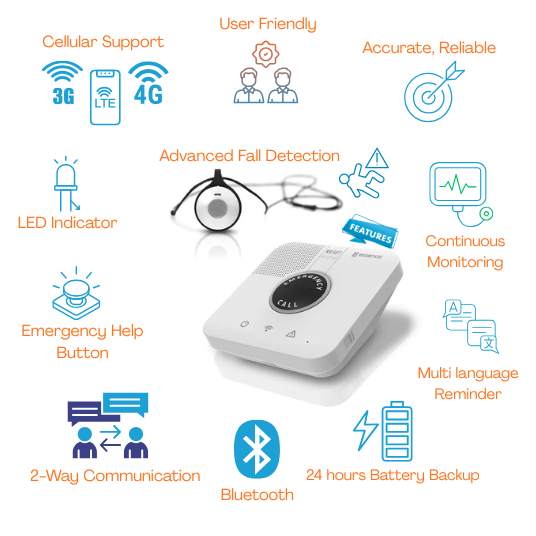 Galaxy Home Medical Alert system console and Fall detection pendant or necklace features