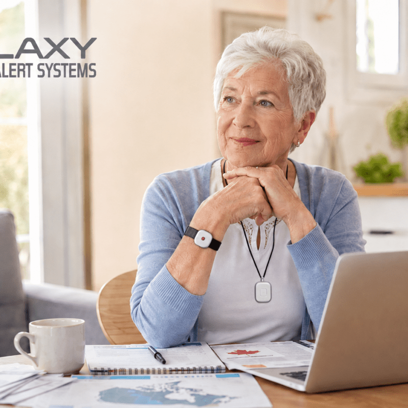 Senior in Canada wearing a Galaxy medical alert system pendant and wrist button, reviewing medical alert system coverage options on a laptop